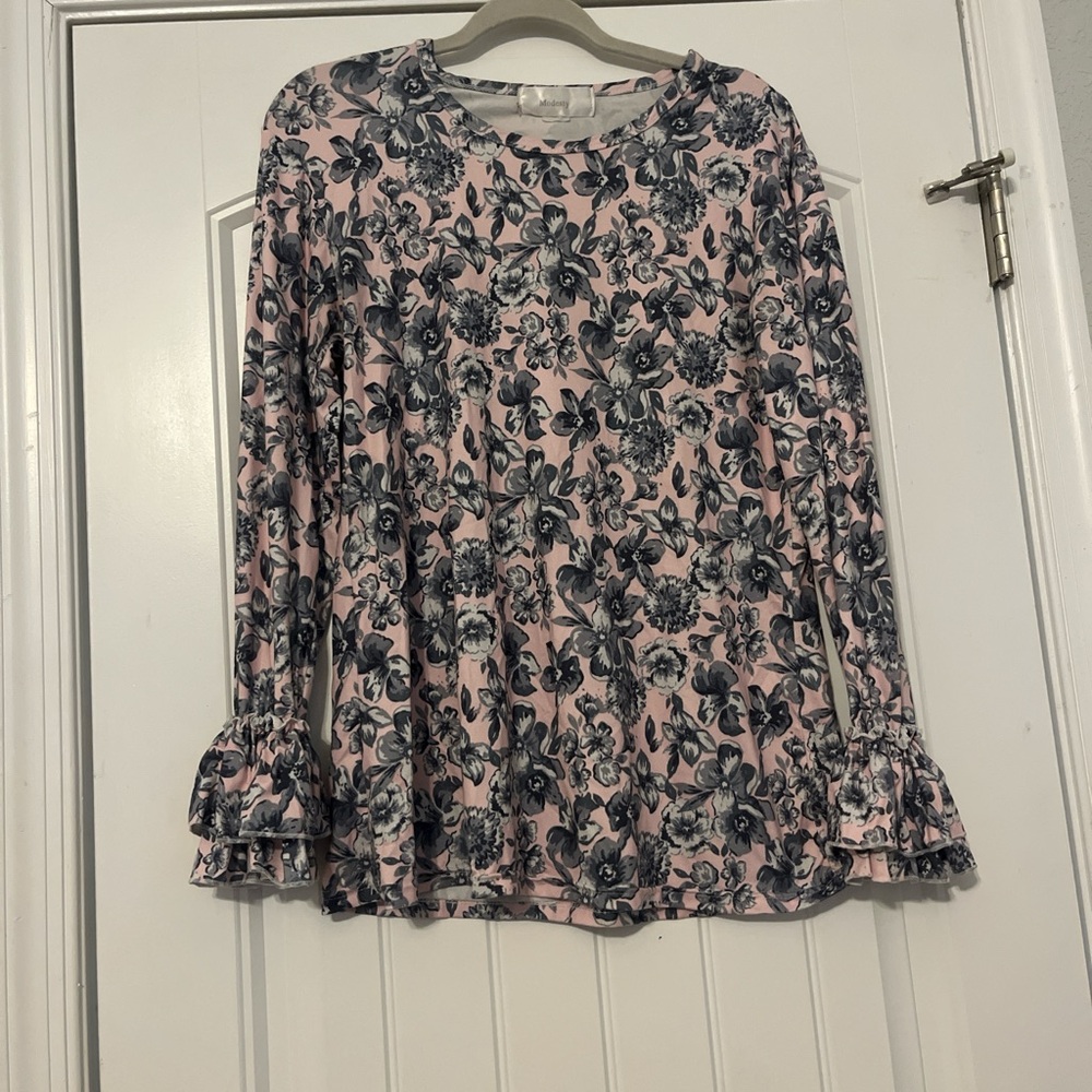 Modest Floral Pink and Gray Pentecostal style Women's shirt ruffled sleeves -B